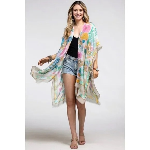 Beige Floral Print Contrast Border Spring Summer Kimono Open Wrap Coverup Top - Picture 2 of 5